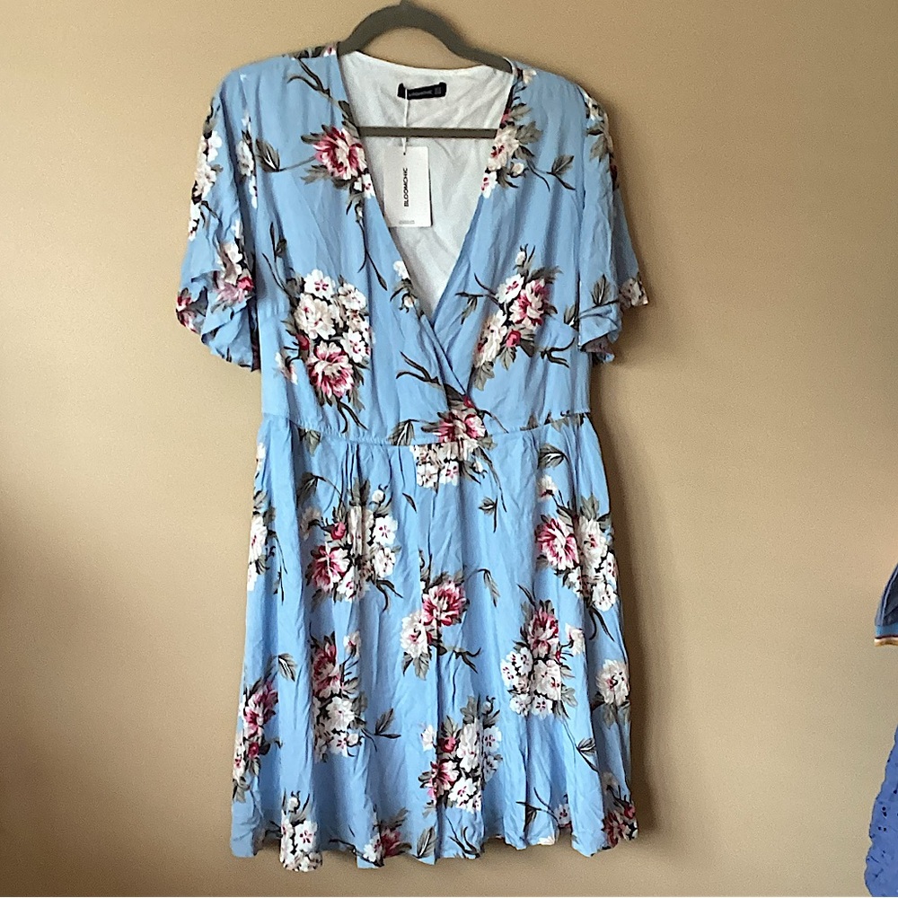 Light Blue Floral Wrap-Style Women's Dress